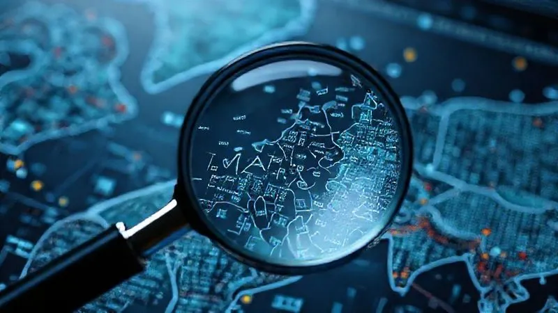 Photorealistic image of a magnifying glass highlighting a specific segment of a complex digital market map, cinematic lighting, sharp focus, 8K hyper-detailed.