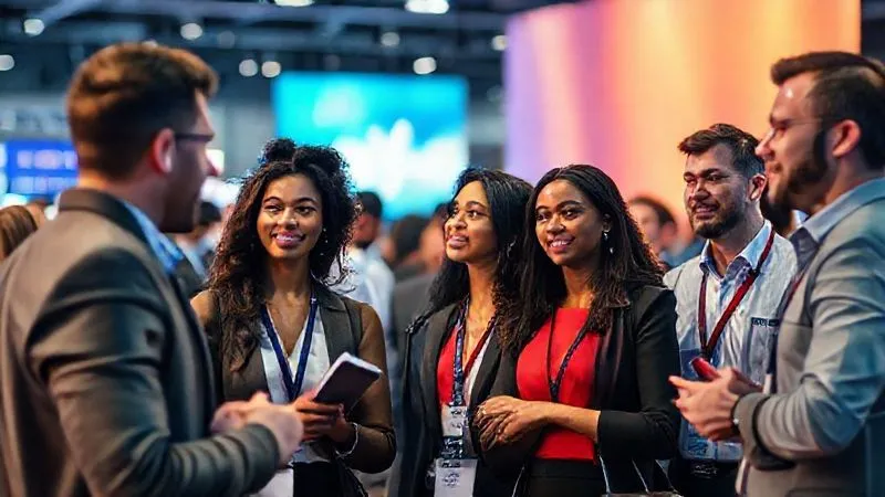 A photorealistic image of a diverse group of professionals networking at a high-end industry conference, vibrant energy, sophisticated attire, cinematic lighting, depth of field, 8K hyper-detailed.
