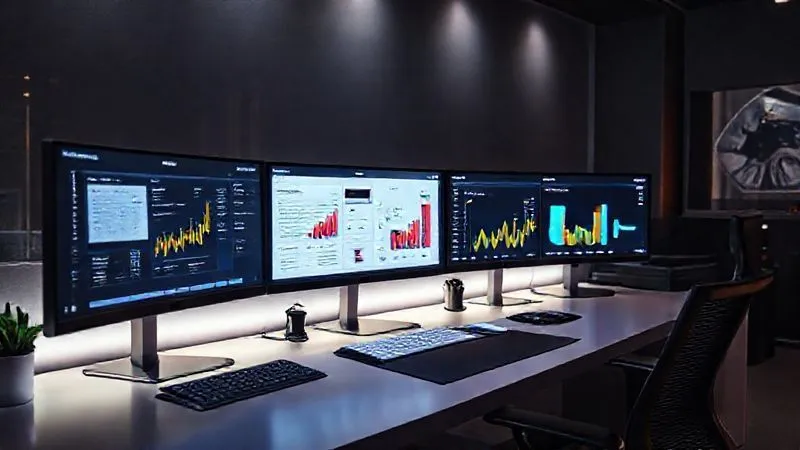 Photorealistic image of a sleek, modern desktop setup with multiple monitors displaying various digital marketing tools (CRM, SEO dashboard, project management), glowing interfaces, cinematic lighting, 8K hyper-detailed.