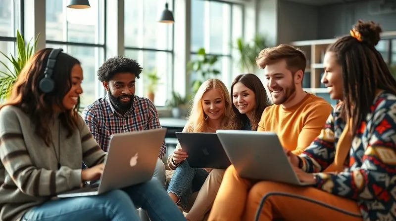 A photorealistic image of a diverse group of digital nomads from different countries, sitting in a co-working space with laptops, engaged in learning or collaborating. The atmosphere is vibrant and inspiring, with natural light streaming in. Cinematic lighting, sharp focus on the group, depth of field blurring the background, 8K hyper-detailed, professional photography, shot on a high-end DSLR.