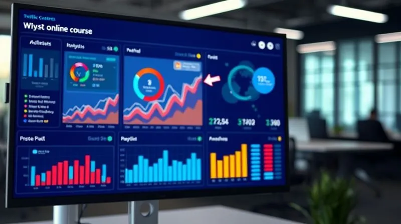 A photorealistic, professional photography of a complex digital marketing dashboard showing various traffic sources (SEO, Social, Paid), with arrows pointing to increasing conversion rates for an online course. The screen is vibrant with data visualizations and analytics. Cinematic lighting, sharp focus, depth of field blurring a modern office background, 8K hyper-detailed, shot on a high-end DSLR.