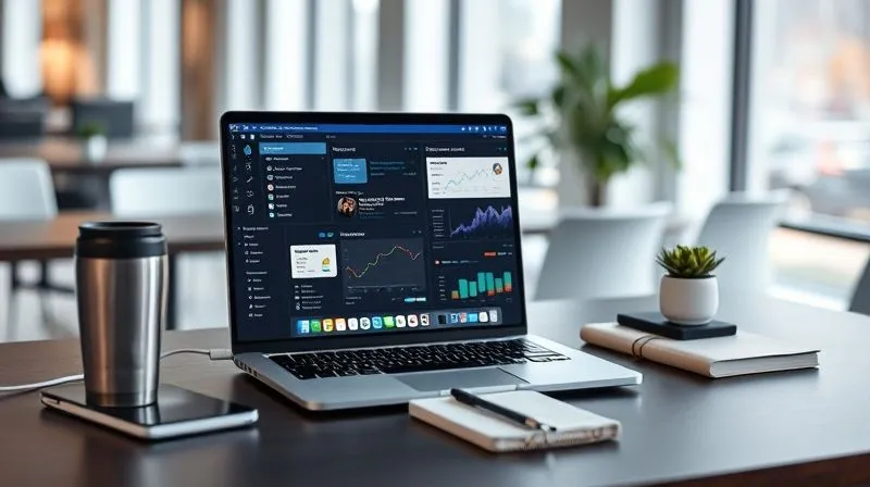 A photorealistic, professional photography of a sleek, minimalist desk setup in a bright, modern co-working space, featuring a laptop displaying various marketing software interfaces (email marketing, CRM, analytics). There's a travel mug, a notebook, and a small plant, conveying efficiency and mobility. Cinematic lighting, sharp focus on the screen and desk items, depth of field blurring the background, 8K hyper-detailed, shot on a high-end DSLR.