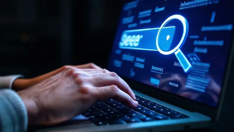 Photorealistic image of a hand typing on a keyboard, with a glowing search bar on a screen displaying SEO-related terms and a magnifying glass icon, cinematic lighting.