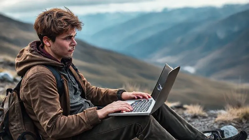 A photorealistic image showing a frustrated student looking at a laptop with a 'no internet connection' error, while sitting in a remote, scenic outdoor location, perhaps with a backpack nearby. The setting should evoke a sense of travel and isolation. Cinematic lighting, sharp focus on the student and laptop, depth of field blurring the background. 8K hyper-detailed, professional photography, shot on a high-end DSLR.