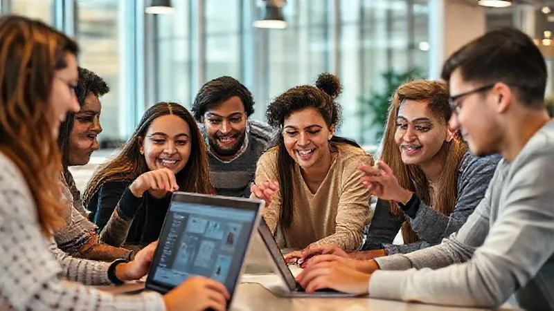 A photorealistic image of a diverse group of young adults collaborating on a digital project, some on laptops, some gesturing, in a modern, light-filled co-working space. The screen of one laptop shows a project management dashboard. Cinematic lighting, sharp focus, depth of field. 8K hyper-detailed, professional photography, shot on a high-end DSLR.