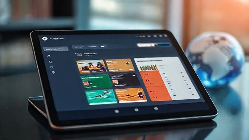A photorealistic image of a sleek, modern e-learning dashboard on a tablet screen, showing diverse course modules and a progress bar, with a digital globe subtly visible in the background, representing global learning. Cinematic lighting, sharp focus, depth of field. 8K hyper-detailed, professional photography, shot on a high-end DSLR.