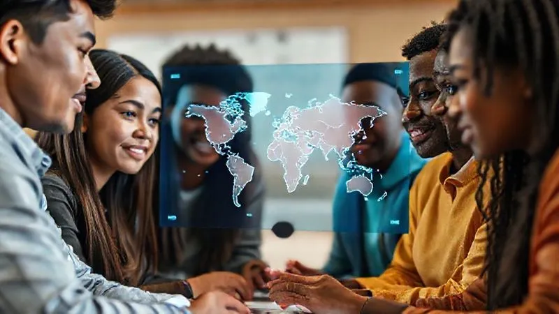 A photorealistic image depicting a diverse group of students from various cultural backgrounds (e.g., Asian, African, European, Latin American) looking at a shared digital screen with a world map overlay, symbolizing global education and understanding. Cinematic lighting, sharp focus on their faces and the screen, depth of field blurring the background. 8K hyper-detailed, professional photography, shot on a high-end DSLR.