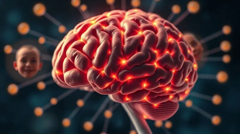 A photorealistic image of a brain with glowing neural pathways, connected to a network of diverse human faces, each expressing a distinct emotion like joy, surprise, or contemplation. Cinematic lighting, sharp focus on the brain's activity, depth of field blurring the background, 8K hyper-detailed, shot on a high-end DSLR, symbolizing the psychological triggers of viral content.