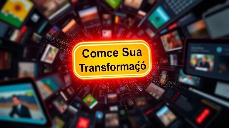 A photorealistic image of a vibrant, glowing call-to-action button, labeled 'Comece Sua Transformação', emerging from a swirling vortex of shared content on various screens (phone, tablet, laptop). Cinematic lighting, sharp focus on the button, depth of field blurring the background of digital noise, 8K hyper-detailed, shot on a high-end DSLR, symbolizing the conversion power of a clear CTA within viral content.