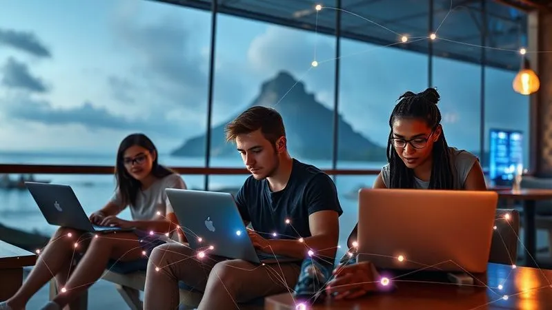 A photorealistic image of a diverse group of digital nomads, each working on their laptops in different beautiful, exotic locations (beach, mountain, bustling cafe), seamlessly connected by glowing lines of data and communication, illustrating global connection and shared purpose. Cinematic lighting, professional photography, 8K, sharp focus, depth of field, shot on a high-end DSLR.