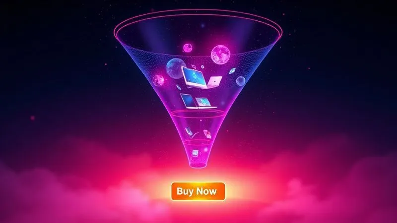 A photorealistic, vibrant visualization of a sales funnel, where the top is wide and represents global digital nomads, narrowing down to the middle showing engagement with digital products (laptops, tablets), and culminating at the bottom with a clear conversion point, perhaps a glowing 'buy now' button or a successful transaction. Cinematic lighting, professional photography, 8K, sharp focus, depth of field, shot on a high-end DSLR.