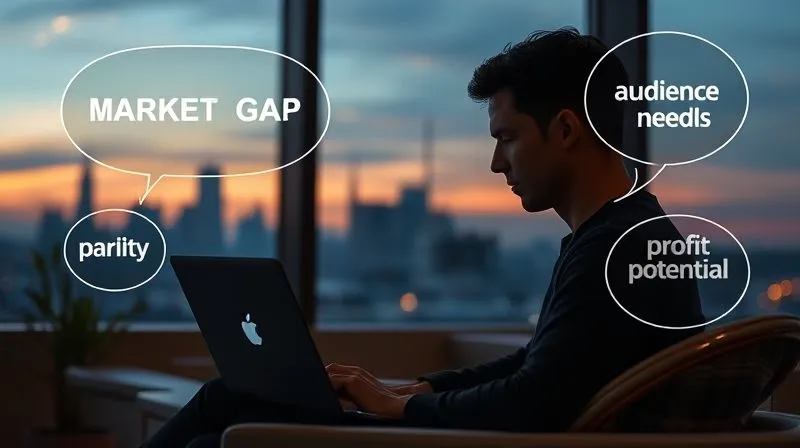 A photorealistic image of a person with a laptop, intensely focused, surrounded by abstract data visualizations and thought bubbles containing keywords like 'market gap', 'audience needs', 'profit potential'. The person is in a cozy, minimalist co-working space with a view of a city skyline at dusk, cinematic lighting, sharp focus, depth of field, 8K, professional photography, shot on high-end DSLR.