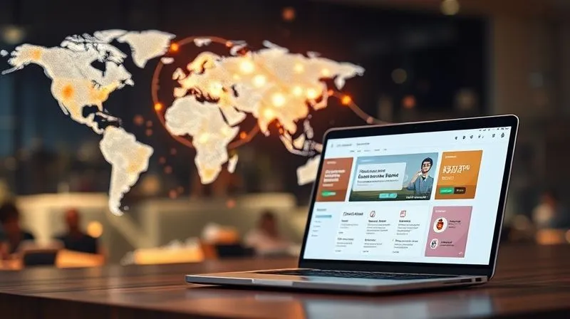 A photorealistic image of a complex digital marketing funnel glowing with data, leading from a global map to a laptop screen displaying a successful online course dashboard. The background shows subtle hints of international travel, like blurred passport stamps or diverse landscapes. Cinematic lighting, sharp focus, depth of field, 8K, professional photography, shot on high-end DSLR.