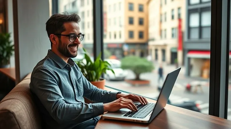 A photorealistic image of a digital nomad working serenely on a laptop in a beautifully designed, minimalist co-working space, with a large window overlooking a vibrant, bustling city street in a foreign country. The person is smiling gently, perhaps taking a sip of coffee, embodying a perfect balance of productivity and relaxed enjoyment. Cinematic lighting, sharp focus, depth of field, 8K, professional photography, shot on high-end DSLR.