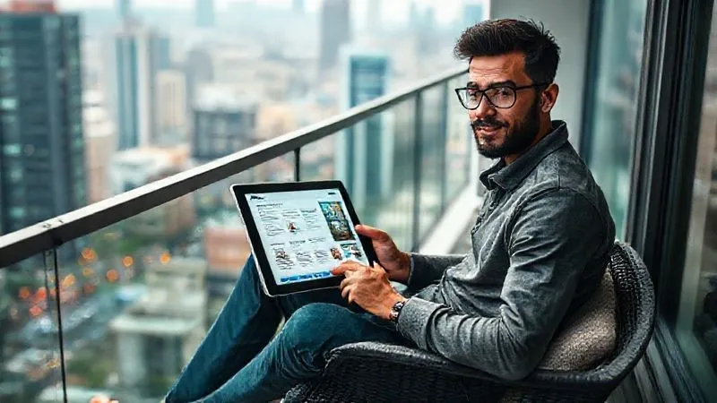 A photorealistic image of a digital nomad sitting comfortably on a balcony overlooking a bustling city, holding a tablet with an e-learning interface. The screen shows interactive content, and the background is slightly blurred to emphasize focus on the learning. Cinematic lighting, 8K, sharp focus on the tablet and the nomad's engaged expression, depth of field. Professional photography.