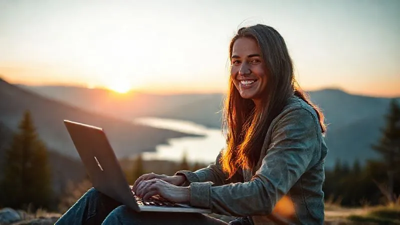 A photorealistic image of a digital nomad, looking confident and happy, working on a laptop in a beautiful, serene natural setting (e.g., a mountain view or a calm lake). The sun is setting, casting a warm, cinematic glow. The nomad is smiling, embodying freedom and successful learning. 8K, sharp focus, depth of field, professional photography.