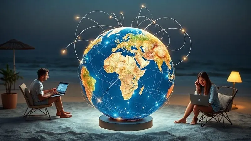 A photorealistic image showing a globe with interconnected lines of light, representing global collaboration and communication, surrounded by diverse digital nomads working from various locations like a beach, a cafe, and a home office. Cinematic lighting, 8K, professional photography, sharp focus, depth of field, shot on a high-end DSLR.