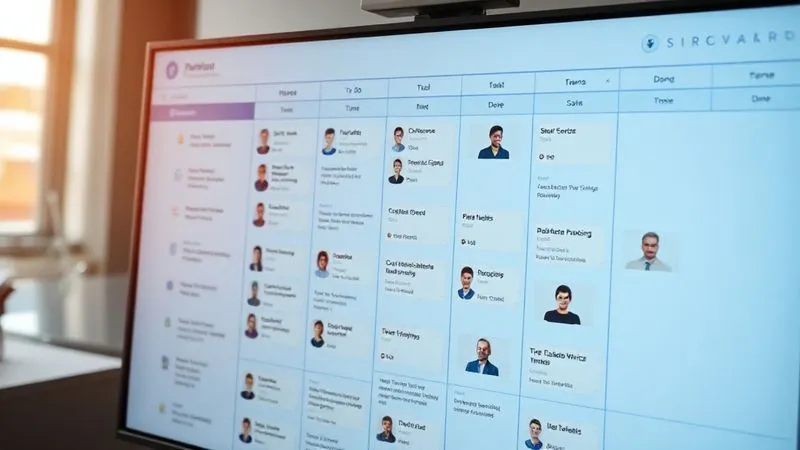 A photorealistic close-up of a digital Kanban board on a large monitor, displaying various project tasks moving across 'To Do', 'In Progress', and 'Done' columns, with avatars of diverse team members assigned to tasks. Cinematic lighting, sharp focus, 8K, professional photography, depth of field, shot on a high-end DSLR.