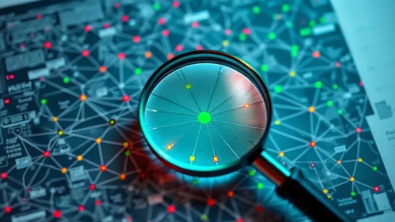 A photorealistic image of a magnifying glass over a complex, abstract network diagram representing team dynamics and instability factors, with data points highlighted in red and green, cinematic lighting, sharp focus on the analysis, depth of field blurring the background, 8K hyper-detailed, professional photography, shot on a high-end DSLR.