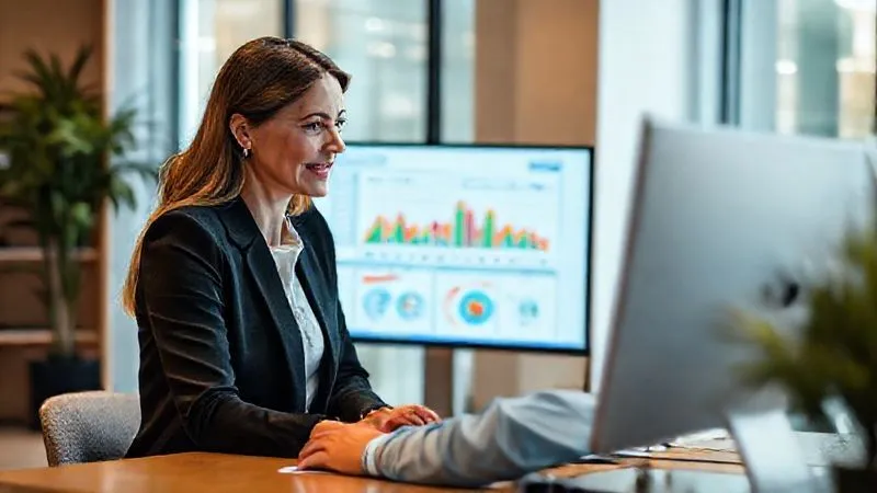 A photorealistic image of a professional woman (manager) having a constructive virtual meeting with a team member, both looking engaged and focused on a screen displaying a performance dashboard. Cinematic lighting, sharp focus on their faces and the screen, depth of field blurring the background, 8K hyper-detailed, professional photography, shot on a high-end DSLR, conveying supportive feedback.