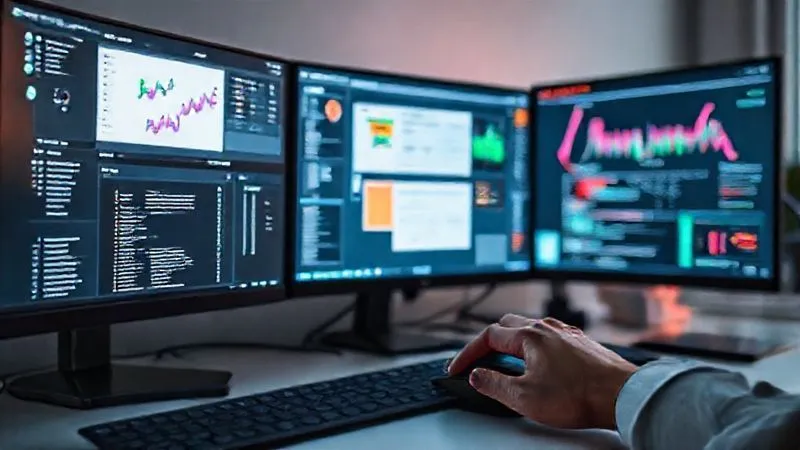 A photorealistic image of a minimalist desk setup with multiple screens displaying various project management and communication tools (Slack, Jira, Asana) seamlessly integrated, glowing with data. Cinematic lighting, sharp focus on the screens and a hand interacting with a mouse, depth of field blurring the background, 8K hyper-detailed, professional photography, shot on a high-end DSLR, conveying efficient remote work environment.