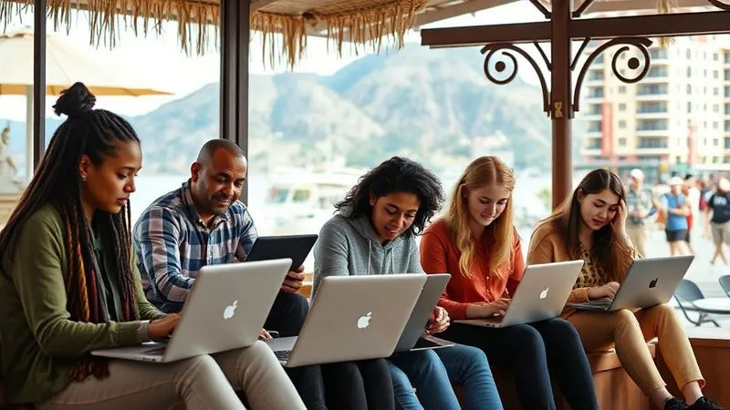 A photorealistic, professional photography, 8K image of a diverse group of young, modern digital nomads from different ethnicities, each engrossed in their laptops or tablets, sitting in various beautiful, exotic locations like a beach, a mountain cafe, and a bustling city square. The image should convey a sense of freedom, productivity, and global connectivity. Cinematic lighting, sharp focus on the individuals and their devices, depth of field blurring the background, creating a vibrant and aspirational scene. No text or logos.