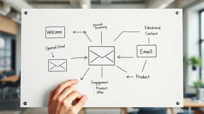A photorealistic, professional photography, 8K image of a complex but visually appealing flowchart diagram on a whiteboard, illustrating a multi-step email marketing automation sequence. Arrows connect different stages like 'Welcome Email,' 'Educational Content,' 'Engagement Check,' and 'Product Offer,' with decision points based on user behavior (e.g., 'Opened Email?' 'Clicked Link?'). A hand with a marker is pointing to a specific step. Cinematic lighting, sharp focus on the flowchart, depth of field blurring the background of a modern, bright co-working space. No text or logos.