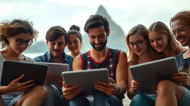 A photorealistic, professional photography image from a low angle, showing a diverse group of digital nomads, each in a different iconic global location (e.g., beach, mountain, cafe), all looking thoughtfully at their laptops or tablets, connected by subtle glowing lines representing shared learning. Cinematic lighting, sharp focus on their engaged faces, depth of field blurring the backgrounds slightly. 8K hyper-detailed, shot on a high-end DSLR.