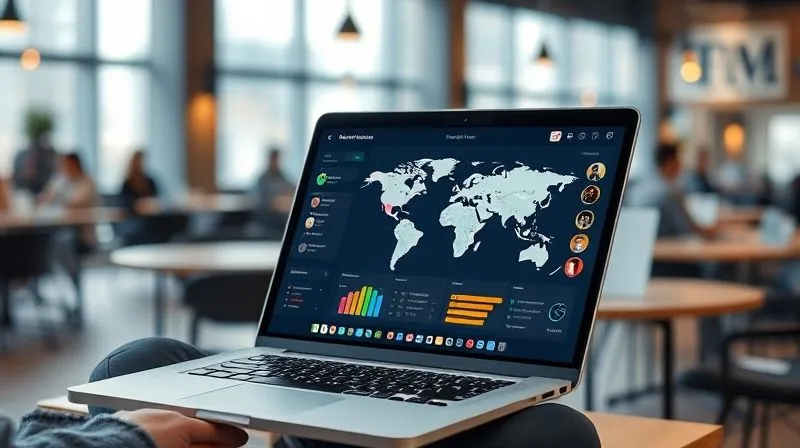 A photorealistic image of a digital nomad, laptop open, looking at a gamified e-learning dashboard with vibrant progress bars, badges, and a 'quest log' overlayed on a map of the world. Cinematic lighting, sharp focus on the dashboard details, with a blurred background of a bustling co-working space in a foreign city. 8K hyper-detailed, shot on a high-end DSLR.