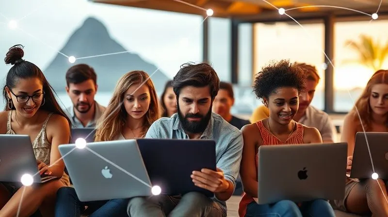 A photorealistic image of a diverse group of digital nomads, each in a different iconic location (e.g., beach, mountain, cafe), looking at their laptops with focused expressions, connected by glowing lines forming a network. The image should convey global collaboration and shared purpose, with a vibrant yet professional aesthetic. Cinematic lighting, sharp focus on the individuals, depth of field blurring the backgrounds, 8K hyper-detailed, professional photography, shot on a high-end DSLR.