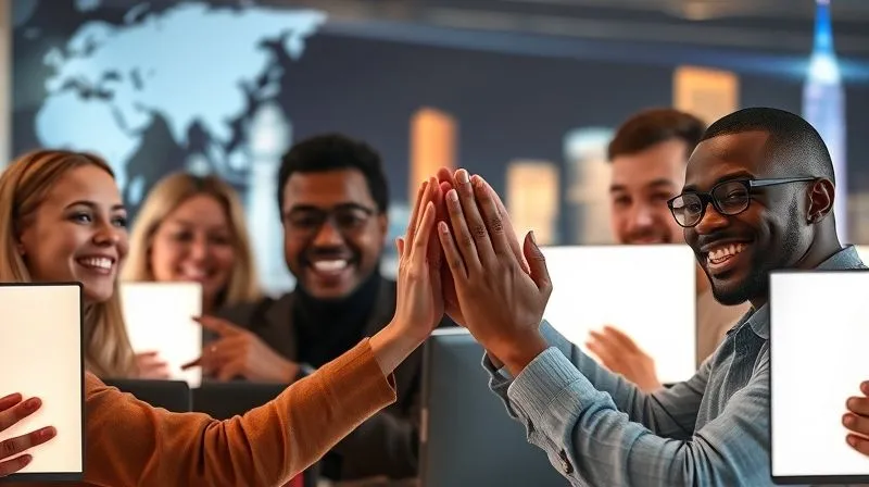 A photorealistic image of a diverse group of people from different backgrounds (e.g., different ethnicities, ages) smiling and high-fiving each other virtually through glowing screens, symbolizing successful remote collaboration and a sense of achievement. The background is a blend of various global landmarks, subtly blurred. Cinematic lighting, sharp focus on the faces and screens, depth of field, 8K hyper-detailed, professional photography, shot on a high-end DSLR.