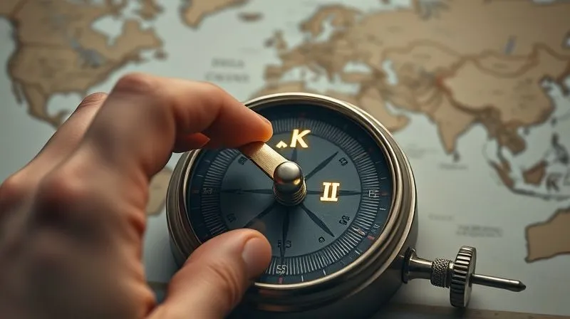 A photorealistic image of a hand adjusting a dial on a vintage-looking compass, with a blurry world map in the background. The compass needle points towards a glowing 'K' and 'P' and 'I' on the dial, symbolizing strategic adjustment and direction setting. Cinematic lighting, sharp focus on the hand and compass, depth of field, 8K hyper-detailed, professional photography, shot on a high-end DSLR.