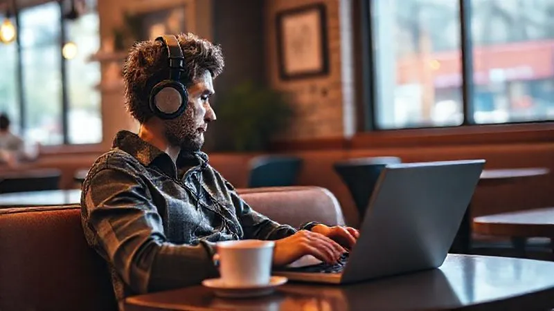 A photorealistic image of a digital nomad sitting at a laptop in a cozy cafe, headphones on, deeply focused on an interactive pre-webinar activity on their screen, with a cup of coffee nearby. The screen shows a vibrant, gamified quiz interface. Soft, warm cinematic lighting, sharp focus, depth of field, 8K hyper-detailed.