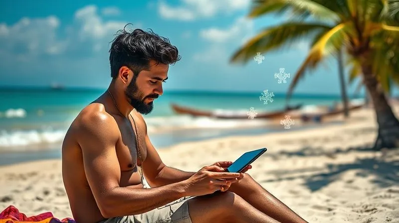 A photorealistic, professional photography, 8K, cinematic lighting, sharp focus, depth of field, shot on a high-end DSLR. A digital nomad on a beach, working on a tablet, with small, glowing, interconnected knowledge modules floating around them, symbolizing microlearning. The modules are like puzzle pieces fitting together, with a clear blue ocean and palm trees in the background.