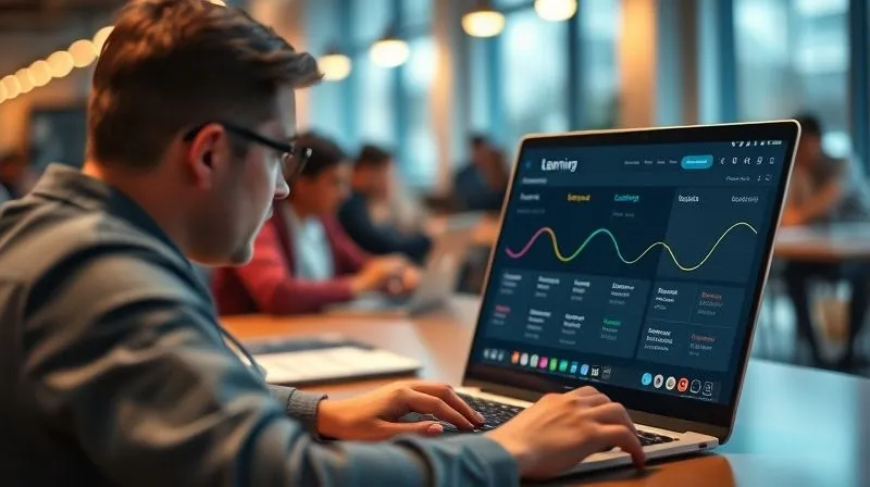 A photorealistic, professional photography, 8K, cinematic lighting, sharp focus, depth of field, shot on a high-end DSLR. A digital nomad in a co-working space, looking at a laptop screen displaying a personalized learning dashboard with different colored paths and modules, symbolizing tailored content. The background shows blurred but vibrant activity of other nomads working.