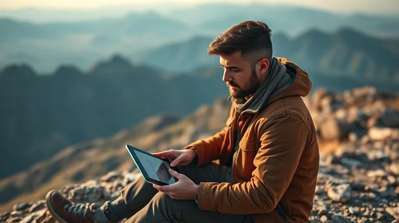 A photorealistic, professional photography, 8K, cinematic lighting, sharp focus, depth of field, shot on a high-end DSLR. A digital nomad sitting on a remote mountain top, looking at a tablet with downloaded learning materials, a serene and focused expression. The background is a vast, beautiful landscape, emphasizing the freedom of learning anywhere, anytime, even without strong internet.
