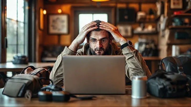 A photorealistic, professional photography, 8K, cinematic lighting, sharp focus, depth of field, shot on a high-end DSLR of a frustrated digital nomad in a cozy but remote cafe, laptop open with a 'no internet connection' error message, hands on head, surrounded by travel gear, conveying the struggle of connectivity.
