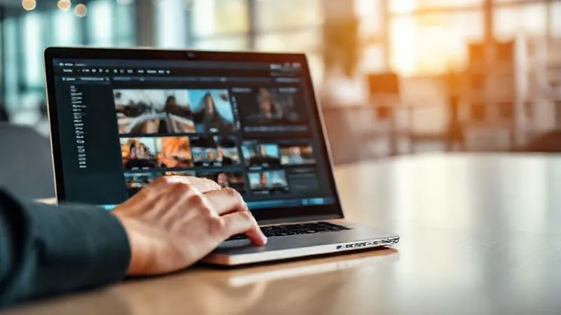 A photorealistic, professional photography, 8K, cinematic lighting, sharp focus, depth of field, shot on a high-end DSLR of hands expertly navigating a content authoring software interface on a sleek laptop, creating interactive educational modules, with a blurred background of a modern, bright office space, conveying innovation and productivity.