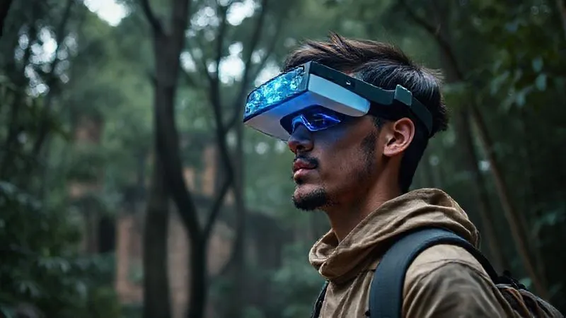 A photorealistic, professional photography, 8K, cinematic lighting, sharp focus, depth of field, shot on a high-end DSLR of a digital nomad wearing sleek, futuristic AR glasses, interacting with holographic educational content projected into their remote surroundings, perhaps a dense forest or an ancient ruin, conveying a seamless blend of technology and nature in learning.