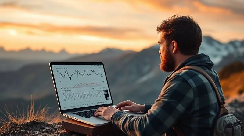 photorealistic, professional photography, 8K, cinematic lighting, sharp focus, depth of field, shot on a high-end DSLR of a digital nomad looking thoughtfully at a complex financial graph on a laptop screen, with a serene background of a mountain landscape, symbolizing the challenge and beauty of variable income.
