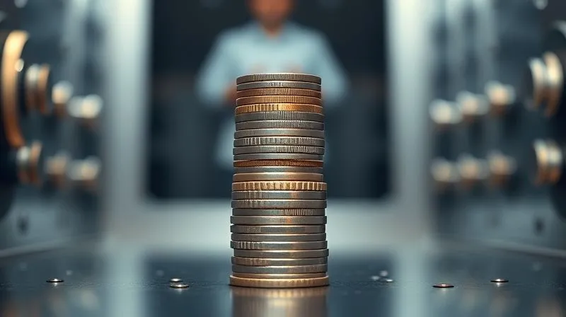 photorealistic, professional photography, 8K, cinematic lighting, sharp focus, depth of field, shot on a high-end DSLR of three distinct stacks of coins or currency, each progressively taller, symbolizing multi-level financial reserves, with a blurred background of a secure, vault-like setting.