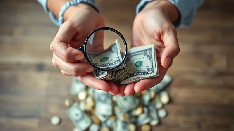 photorealistic, professional photography, 8K, cinematic lighting, sharp focus, depth of field, shot on a high-end DSLR of two hands, one holding a magnifying glass over a small pile of currency, and the other arranging a larger, more organized pile, symbolizing both optimizing income and minimizing expenses for a digital nomad.