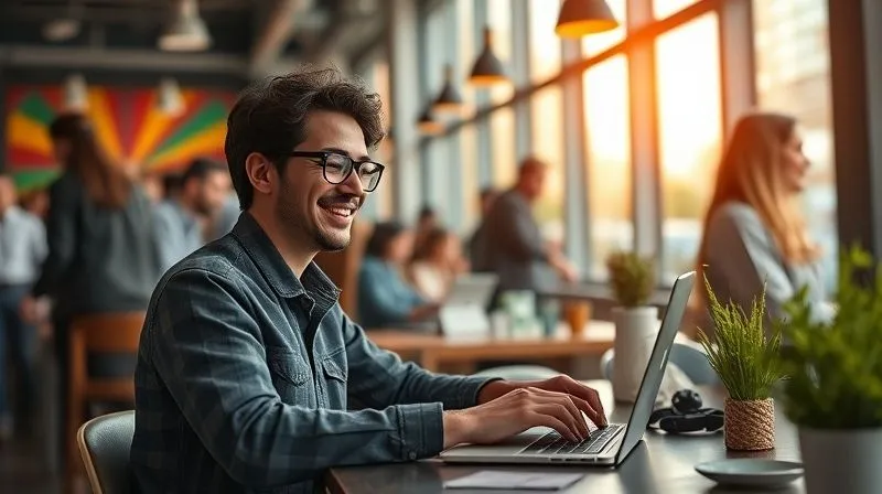 Photorealistic image of a person happily working on a laptop in a vibrant, bustling co-working space in a foreign city, surrounded by diverse people, with soft, natural light coming through a large window. Sharp focus on the person, depth of field blurring the background action. 8K, cinematic lighting, shot on a high-end DSLR.