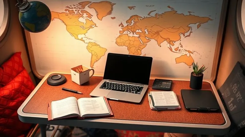 Photorealistic image of a digital nomad's organized workspace on a portable desk, featuring a laptop, e-reader, notebook, and a world map in the background. The setup is minimalist but highly functional, suggesting efficiency and mobility. Soft, ambient lighting. 8K, cinematic lighting, sharp focus, depth of field. Shot on a high-end DSLR.