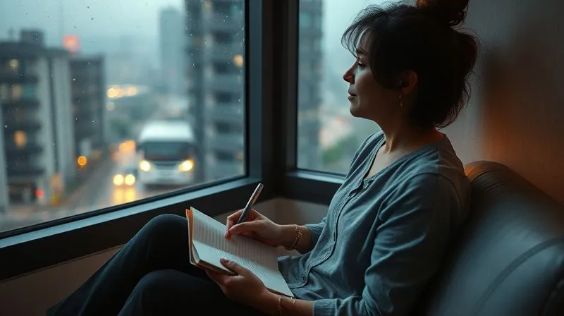 Photorealistic image of a person sitting calmly by a window, looking out at a rainy city, holding a journal and a pen, appearing contemplative and resilient. The scene emphasizes mindfulness and adaptability in challenging situations. Soft, diffused lighting. 8K, cinematic lighting, sharp focus, depth of field. Shot on a high-end DSLR.