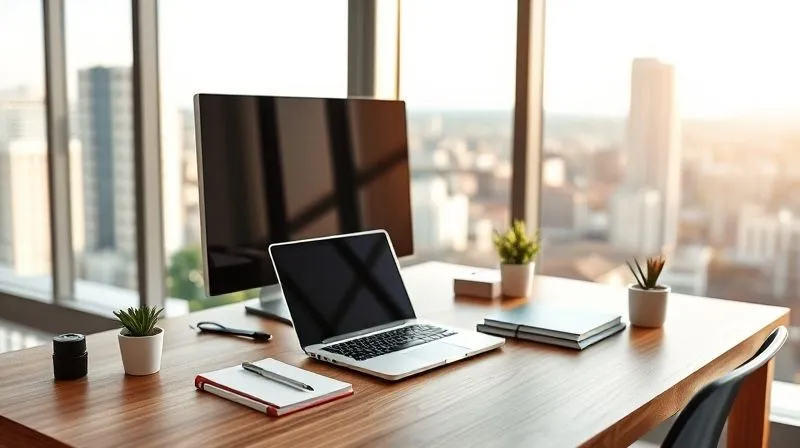 A photorealistic image of a digital nomad's organized workspace in a brightly lit, modern co-working space, with a large window overlooking a bustling city or a serene natural landscape. The desk features a laptop, an external monitor, a neatly organized notebook, and a small plant. The lighting is soft and natural, emphasizing focus and calm. Sharp focus on the workspace, depth of field blurring the background, 8K, professional photography, shot on a high-end DSLR.