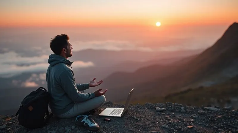 A photorealistic, professional photography image of a digital nomad meditating peacefully at sunrise on a mountain peak overlooking a misty valley, with a laptop and travel backpack subtly placed nearby. The scene conveys serenity, balance, and a deep connection with nature, emphasizing mental well-being while traveling. Cinematic lighting, sharp focus on the meditating figure, depth of field blurring the distant valley, 8K, shot on a high-end DSLR.