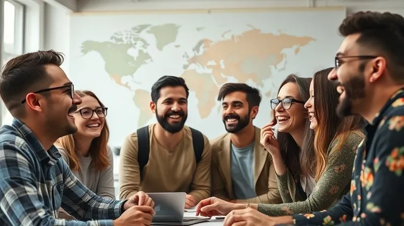 A photorealistic image depicting a vibrant group of diverse digital nomads from different backgrounds laughing and collaborating in a modern co-working space, with a map of the world subtly in the background. The atmosphere is energetic and connected, emphasizing community and shared experience. Cinematic lighting, sharp focus on the faces, depth of field blurring the background, 8K, professional photography, shot on a high-end DSLR.