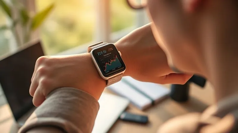 A photorealistic image of a person looking at a smartwatch displaying energy levels and productivity peaks throughout the day, with a colorful, abstract graph overlaying a serene, sunlit workspace. Cinematic lighting, sharp focus, depth of field, shot on a high-end DSLR, 8K hyper-detailed.