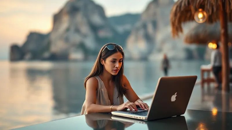 A photorealistic image depicting a lone digital nomad working on a laptop in a beautiful, exotic location, but with a subtle hint of melancholy or isolation in their expression, contrasted by a faint, glowing network overlay connecting them to distant, blurred figures. Cinematic lighting, 8K, sharp focus on the nomad, depth of field.